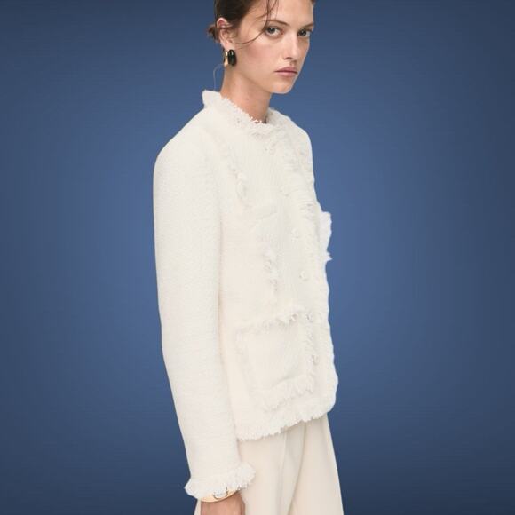 MANGO Pocket Cream Boucle' Fringe Tweed jacket Women's Blazer M (4) REF17087813 - Picture 3 of 16